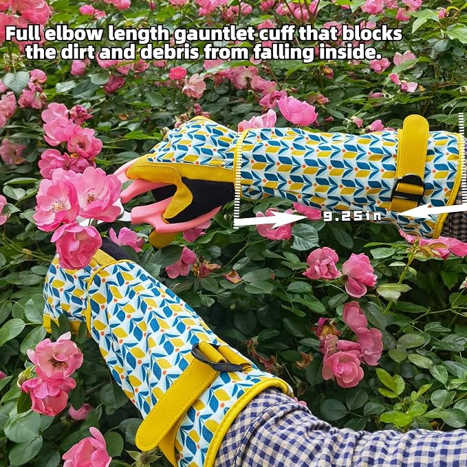 Thornproof Rose&Cactus Gardening Gloves,Gauntlet Garden Glove,Gifts | Canvas,Cute Floral Pattern,Leather Palm,Touchscreen,Durable Material,Garden Gift,Men&Women,Machine Washable,Adjustable Cuff