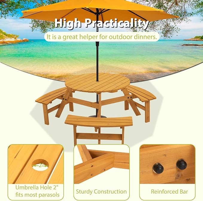 35.43'' Round Outdoor Dining Table Wooden Patio Dining Table & 3 Curved Built-in Bench for 6, 2" Umbrella Hole, Suitable for Backyard Garden Porch, Natural