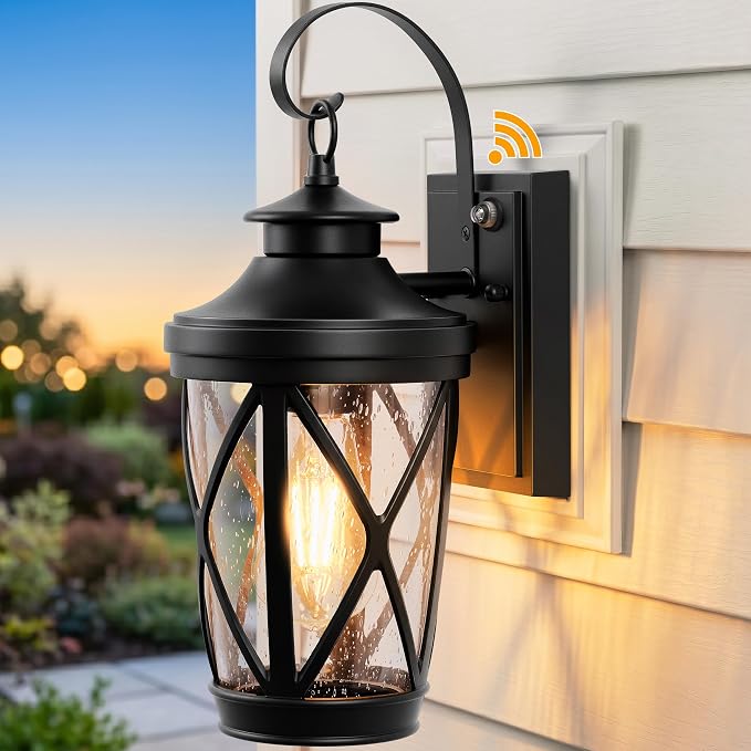 VIANIS Porch Lights Outdoor, Black Dusk to Dawn Outdoor Lighting Wall Mount, Modern Exterior Lighting Fixtures with Seeded Glass, Anti-Rust Waterproof Exterior Wall Lantern for Garage with E26 Socket