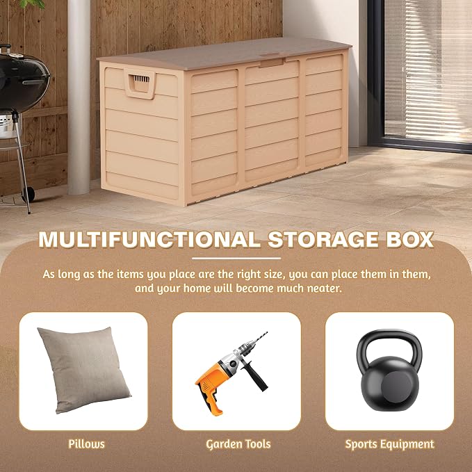 75 Gallon Outdoor Deck Box - Heavy Duty Resin Storage with Lockable Lid, UV Resistant for Patio Furniture Cushions, Pillows (Brown)