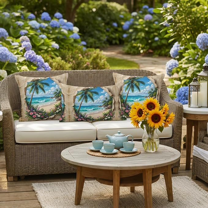 Tropical Floral Botanical Outdoor Pillow Covers 20x20 Inch Throw Pillow Covers Set of 2 Waterproof Decorative Pillow Cases Palm Tree Summer Beach Cushion Covers for Patio Furniture Garden Couch Sofa