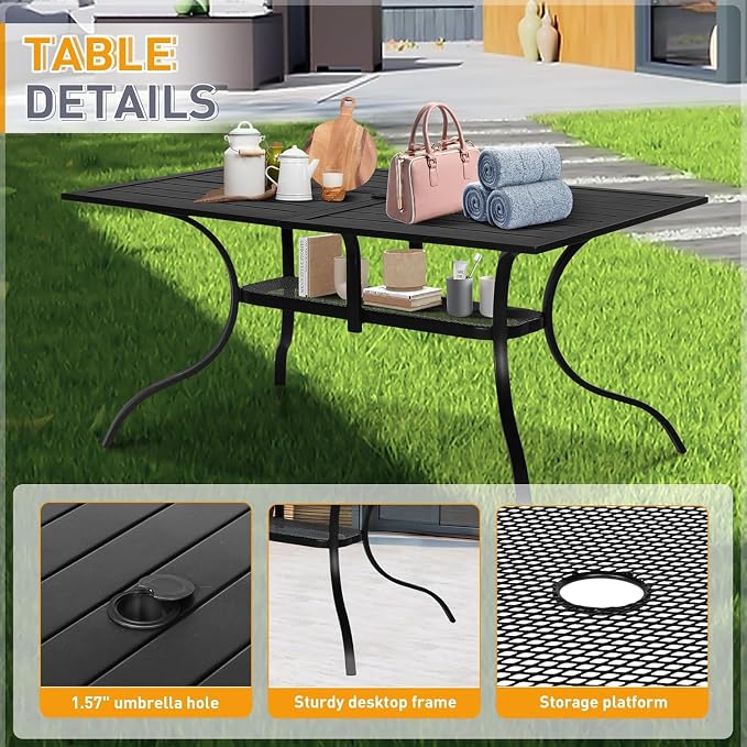 7 Piece Outdoor Patio Dining Set with Umbrella, Patio Metal Furniture Set Outdoor Rectangular Dining Table with 9 FT Patio Umbrella & Stackable Backyard Garden Chairs