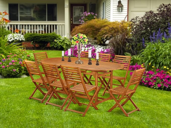 East West Furniture BSBS9CWNA 9 Piece Patio Garden Table Set Includes an Oval Outdoor Acacia Wood Dining Table and 8 Folding Side Chairs, 36x78 Inch, Natural Oil