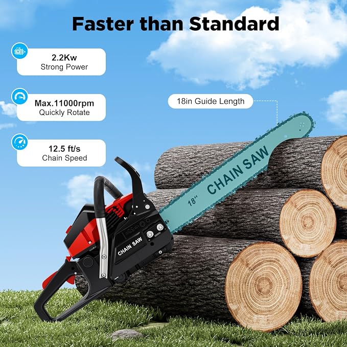 58CC Gas Chainsaw, 2-Stroke Air-Cooled Chain Saw Gas Power Portable Handheld Gasoline Chain Saw with Diaphragm Carburetor & 18.93 Oz Fuel Tank CDI Ignition 35.04 x 7.87 x 10.23 Inch