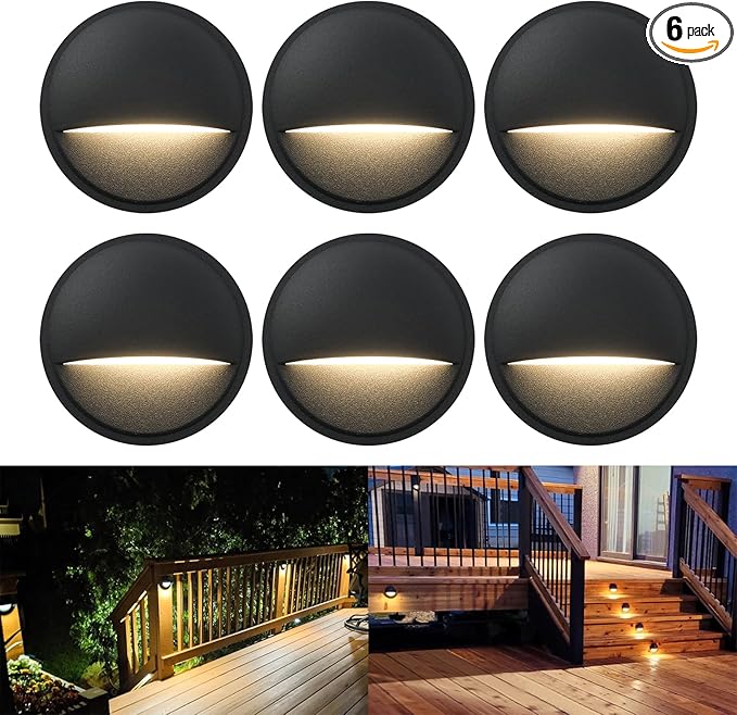 GKOLED 6-Pack Low Voltage LED Deck Lights, Landscape Stair Railing Light Fixture, 2W 3000K Integrated LED Chips, Die-cast Aluminum 12V AC/DC Accent Lighting with Black Powder Coated Finish, UL-Listed