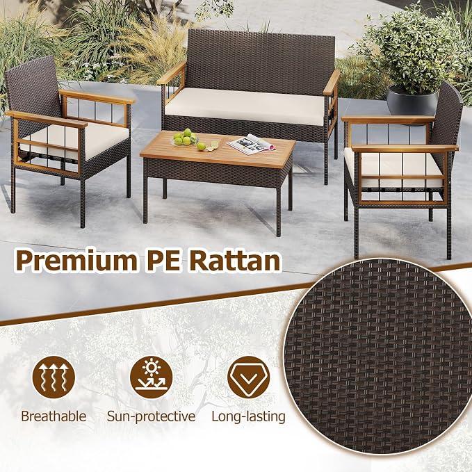 HAPPYGRILL Patio Furniture Set Outdoor Rattan Wicker Conversation Set with Acacia Wood Coffee Table, Chairs, Loveseat & Cushions, for Porch, Garden, Backyard, Poolside (4 Pieces)