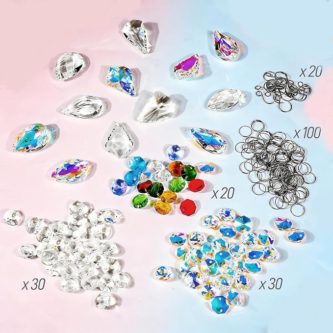 212pcs Sun Catcher Crystal Making Kit for Adults Prism Crystals Lamps Decor | K9 crystal prism suncatcher, rainbow maker for window & home, 12 hanging prisms set, shiny decor pendants chandelier part