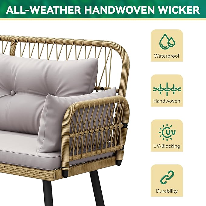 YITAHOME Patio Wicker L-Shaped Furniture Set, All-Weather Rattan Outdoor Conversation Sofa Set for Backyard Deck with Soft Cushions,Ottomans and Wood-Like Dining Table, Light Brown+Gray
