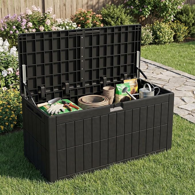 100 Gallon Outdoor Storage Box, Water proof Resins Deck Box with Lockable Lid, U V Resistants for Patio Furniture Garden Tools Pool Supplies 122x61x54cm / 48x24x21.26in (100 Gallon)