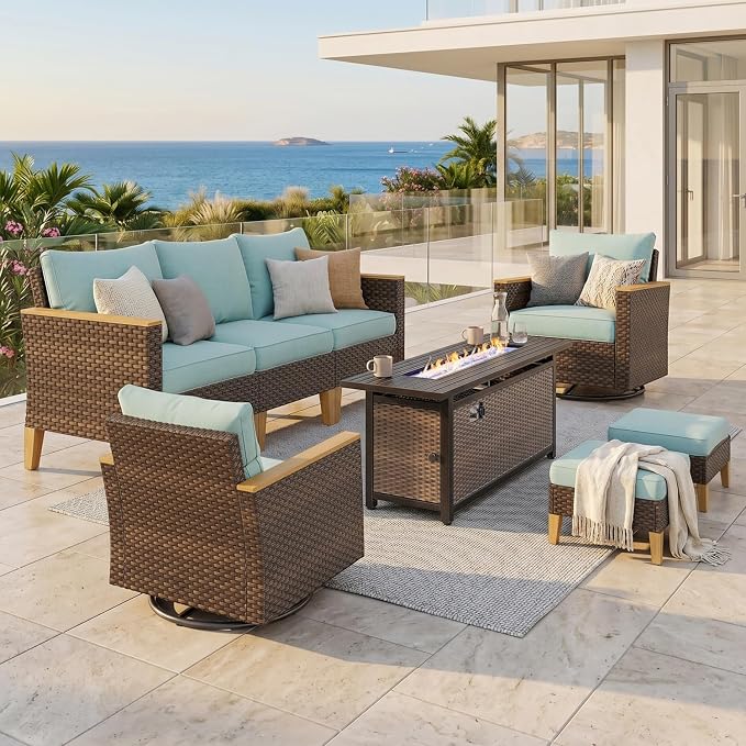 PHI VILLA Wicker Patio Furniture Set with Swivel Chairs, 8 Pieces Outdoor Conversations Set with 56" Fire Pit Table, Oversized Rattan Patio Sectional Sofa with Ottoman, Aqua Blue Cushion