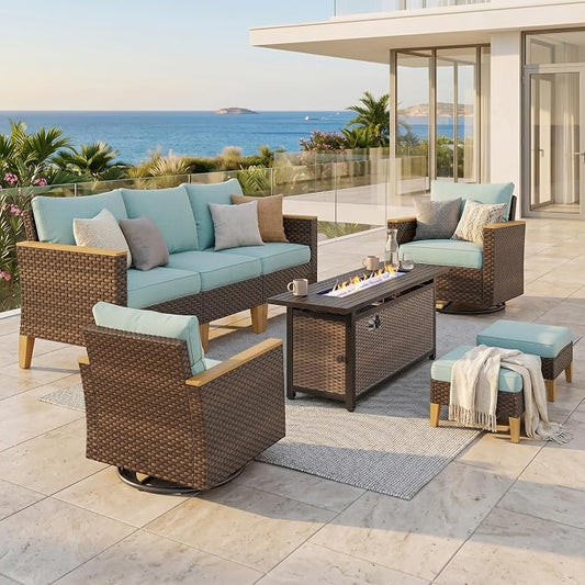 PHI VILLA Wicker Patio Furniture Set with Swivel Chairs, 8 Pieces Outdoor Conversations Set with 56" Fire Pit Table, Oversized Rattan Patio Sectional Sofa with Ottoman, Aqua Blue Cushion