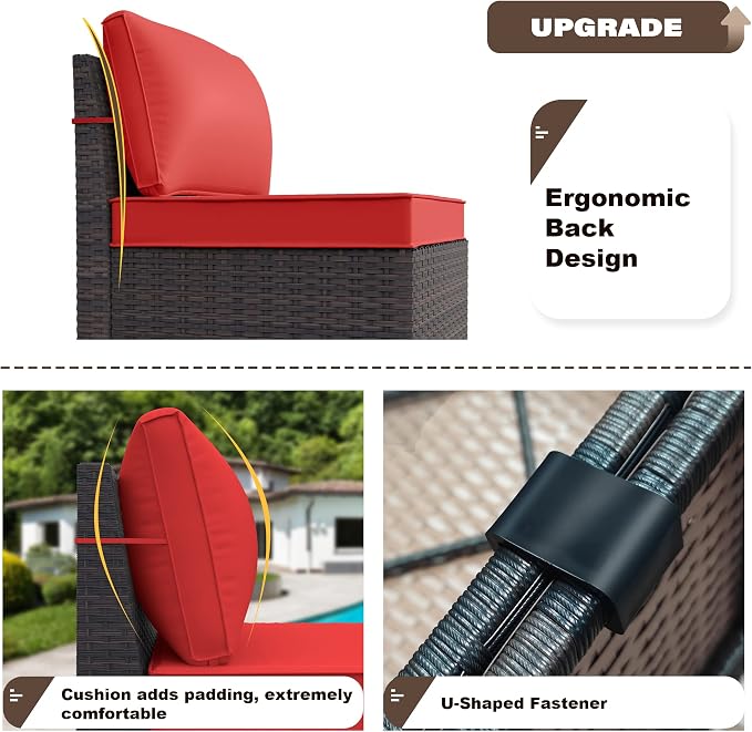 Kurapika 7 Pieces Patio Furniture Set, Rattan Wicker Outdoor Conversation Sets w/43in Propane Fire Pit Table and 4 Inch Cushion(Red)