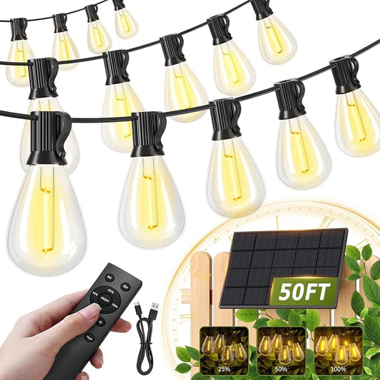 50FT Solar String Lights Outdoor, 18+1LED Shatterproof Bulbs with Remote & USB Port, Waterproof 3 Modes Dimmable Solar Lights for Backyard, Patio, Camping