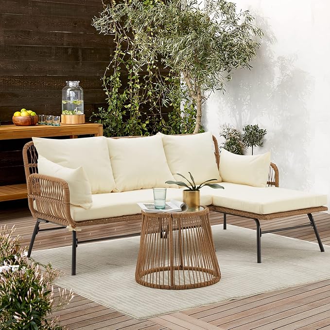 EROMMY 3 Piece Patio Furniture Set, L-Shaped Sectional Conversation Sofa Set with Thick Cushions and Toughened Glass Coffee Table for Backyard Balcony Garden Porch, White