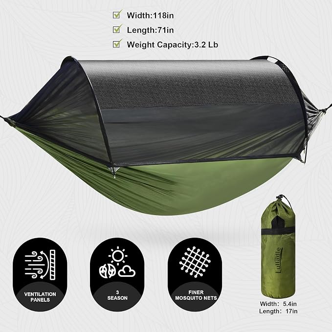 Lulladle Camping Hammock - (Double/Single) Hammock Portable with Tree Straps and with Mosquito Net，Nylon Hanging Hammock Easy Setup and Pack for Outdoor, Hiking and Backyard