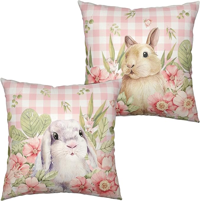 Easter Bunny Pillow Covers 18x18 Set of 2 Spring Floral Decorative Pillowcase Cute Rabbit Cotton Linen Cushion Case Pink Plaid Throw Pillow Covers for Sofa Patio Outdoor