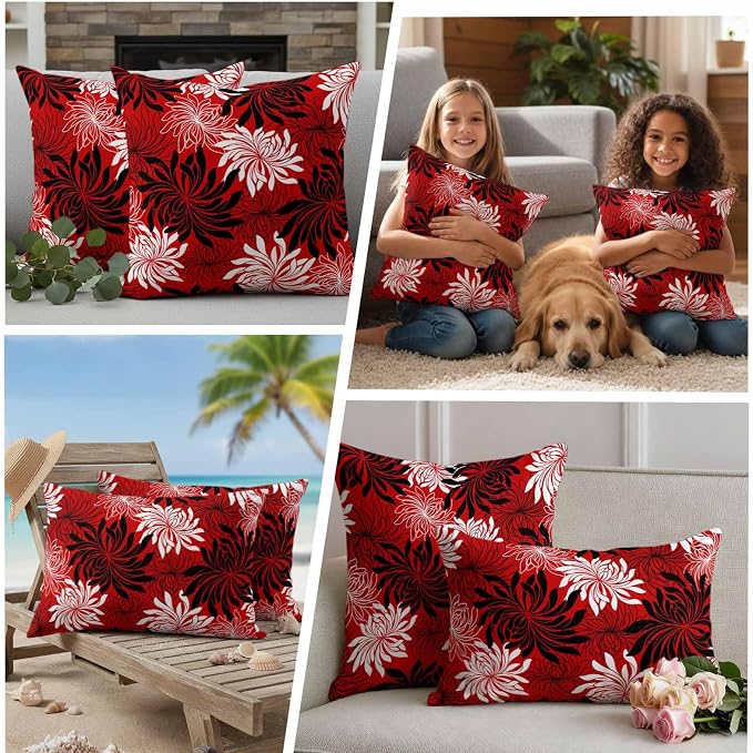 Yukro Red Black Floral Outdoor Waterproof Pillow Covers Pack of 2, Vintage White Black Flower Red Decorative Throw Pillowcases Cushion Covers for Garden Patio Tent Sofa Couch, 20x20 inch
