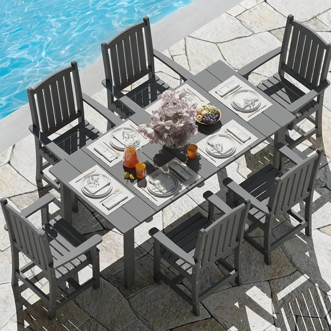 ROCSUMOO Outdoor Dining Table, 70" HDPE Dining Table with Umbrella Hole for 6-8 (Grey)