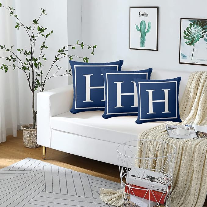 Monogram Initial Elegant Classy Blue Outdoor Pillow Covers 20 x 20inches Decorative Pillow Case for Sofa Couch Bed (Pillow Insert Not Include)