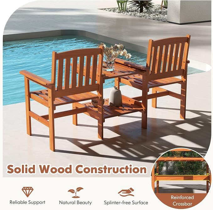 Tangkual Outdoor Wood Bench Loveseat with Built-in Table with1.57 Umbrella Hole, 2-Seater Outdoor Patio Furniture Set for Porch, Deck, Garden and Backyard
