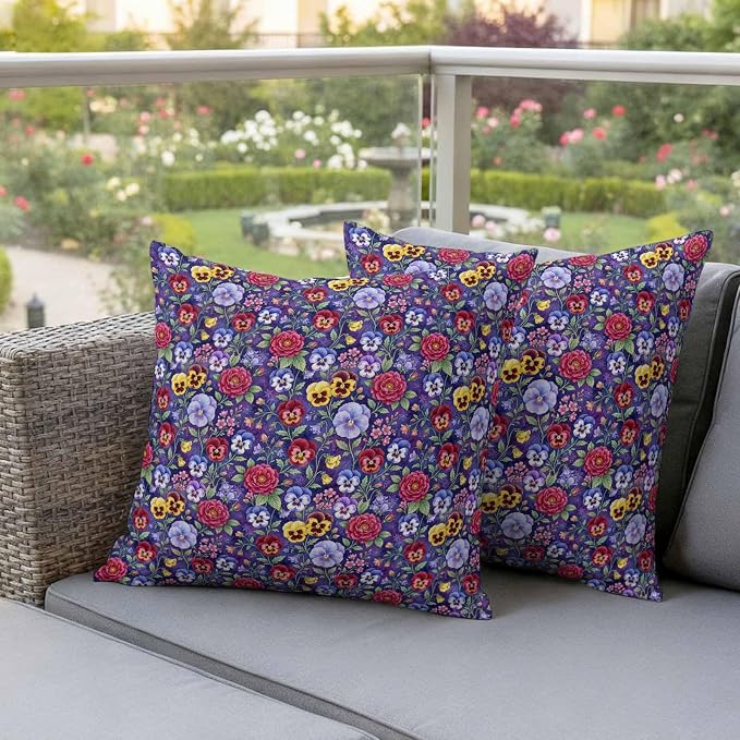 Pansies Roses Outdoor Pillow Covers 16"x16" Set of 2, Garden Flowers Floral Botanical Purple Waterproof Throw Pillow Covers for Patio Furniture, Decorative Cushion Covers for Porch