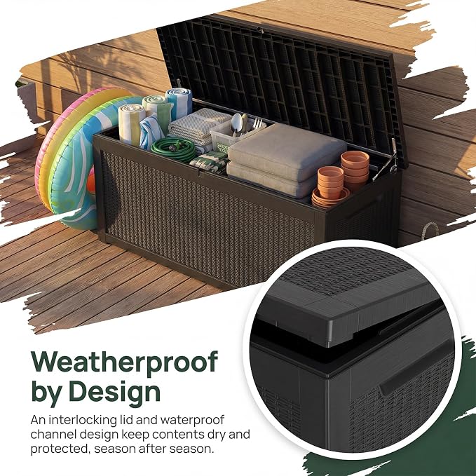 319 Gallon Extra Large Outdoor Storage Box, Waterproof Deck Box with Lockable Lid, Resin Outside Storage Box for Patio Furniture, Pool Accessories, Garden Tools, Storage Bench for Backyard,Porch,Black