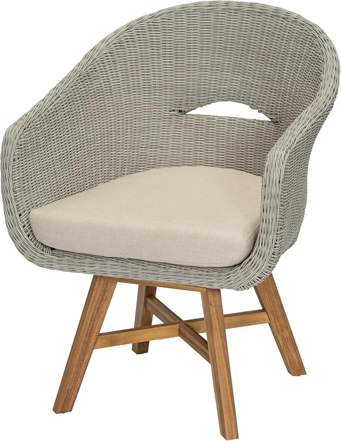 Christopher Knight Home Ambes 7 Piece Acacia Wood Outdoor Dining Set for 6, Patio Dining Table and Chair Set with Curved Rattan Backrest & Cushions, Outdoor Dining Table Set, Beige+Grey Ash+Brown