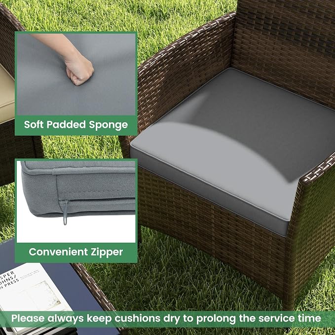 ORALNER 4 Pieces Patio Furniture Set, Rattan Chairs Loveseat with Soft Cushion Glass Table, Outdoor Wicker Conversation Set for Balcony Garden Backyard Porch Poolside (Gray)