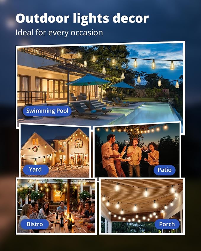 VIPAR Outdoor String Lights,100FT LED Patio Lights Waterproof 52 ST38 Bulbs | Shatterproof,Edison Outside Lights,Plug-In,2700K Dimmable, Connectable, Hanging Light for Porch Garden Backyard Deck Balcony