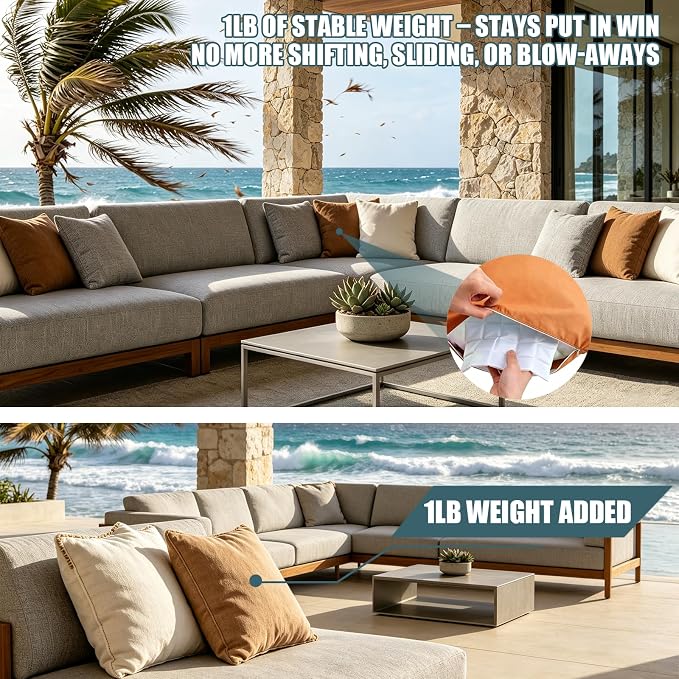 Hidden Weighted Outdoor Pillow Insert, Glass Beads, 9.8" x 9.8" (2, White) | Weighted Pillow Inserts for Outdoor Cushions, 1lb Glass Beads, Soft & Noiseless. Keeps Patio Pillows in Place. Weatherproof.
