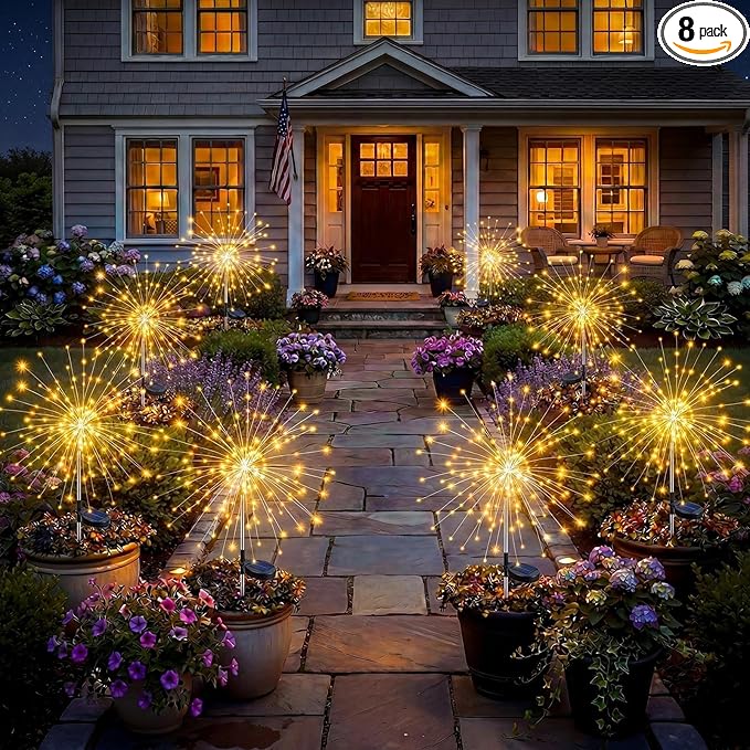 Solar Firework Lights, 8 Pack 120 LEDs 8 Lighting Modes Twinkle Solar Garden Lights Outdoor Waterproof for Yard Patio Walkway Pathway Party Wedding Balcony Decorative- Warm White