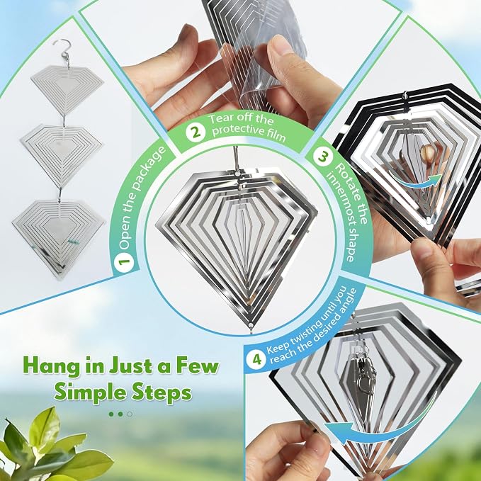 Bird Deterrents for Outside, 12 Discs Stainless Steel 3D Wind Spinners Garden Decor, 4 Sets Reflective Bird Scare Devices to Keep Woodpeckers, Pigeons Away from Patio, Balcony, Porch, Deck