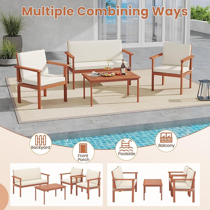Tangkula 8 Pieces Acacia Wood Patio Conversation Set, Outdoor Wooden Cushioned Chairs & Slatted Coffee Table Set,for Backyard, Porch, Balcony, Poolside and Lawn (Off White,2)