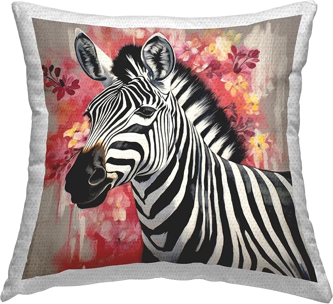 Stupell Industries | Zebra with Modern Flowers, 18 x 18 | Outdoor Pillow, Made in USA - By Lazar Studio