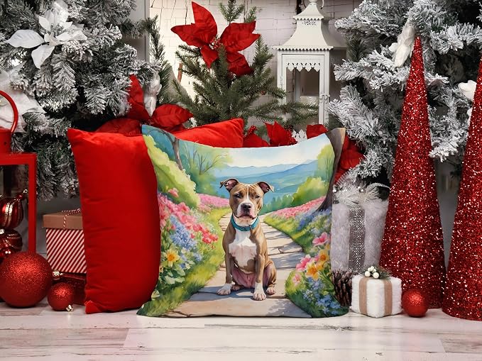 Caroline's Treasures Pit Bull Terrier Spring Path Throw Pillow Machine Washable, Indoor Outdoor Decorative Pillow for Couch, Bed or Patio, 14Hx14W