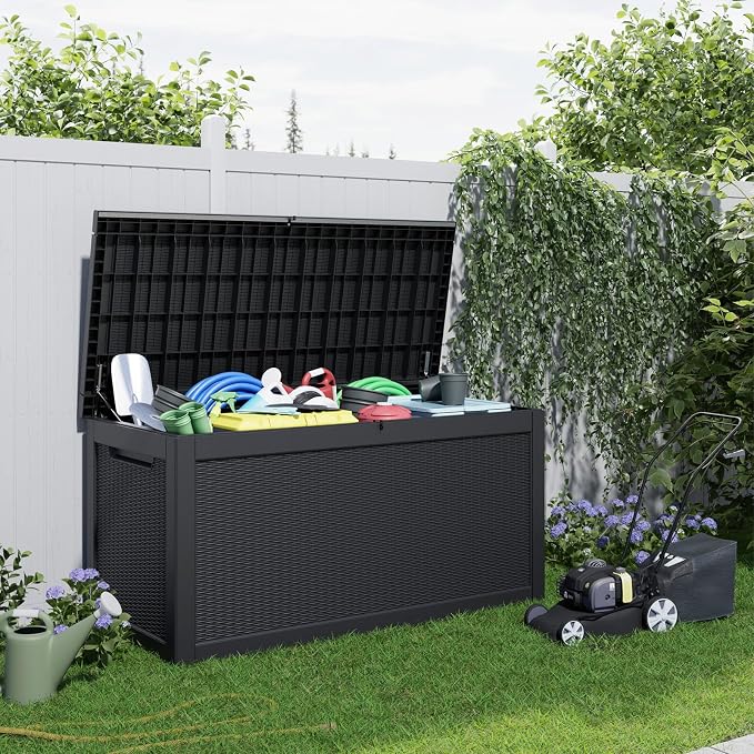 DRATO 320 Gallon Outdoor Storage Box Waterproof, Large Resin Lockable Outdoor Deck Box with Lid, Weatherproof Container for Patio Furniture Cushions, Garden Tools, Pool Accessories (Black, 320 Gallon)