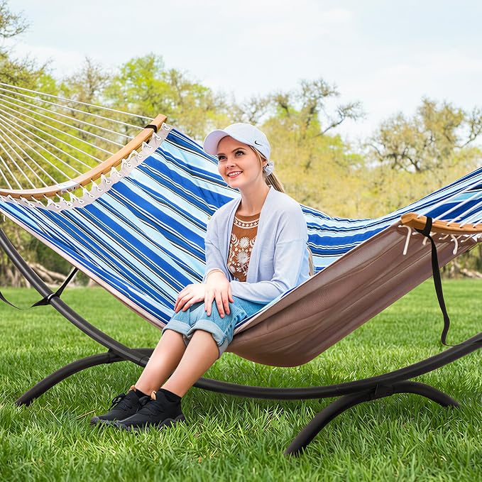SUNCREAT Portable Outdoor Hammock with Stand, Double Hammock with Stand for Outside, Patent Pending, Blue & White