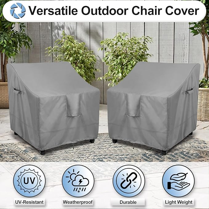 OutdoorLines Outdoor Waterproof Patio Lawn Chair Covers - UV-Resistant, Windproof, Heavy Duty Funiture Covering, 2 Packs, 33.5Wx31.5Dx36H Inches, Grey