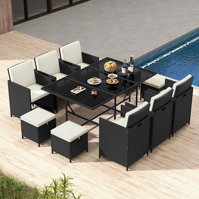 Tangkula 11 Pieces Patio Dining Set, Space-Saving Wicker Chairs & Tempered Glass Table with Ottomans, Thick Soft Cushions, Outdoor Conversation Furniture Set for Garden Yard Poolside