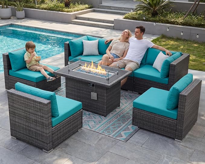 NICESOUL 7 Piece Large Modern Patio Furniture Set with Propane/Gas Firepit Table, 29.3'' High Back Comfy Wicker Sectional Sofa Couches with Fire Pit, Outdoor Deep Conversation, Fade-Proof, Turquoise
