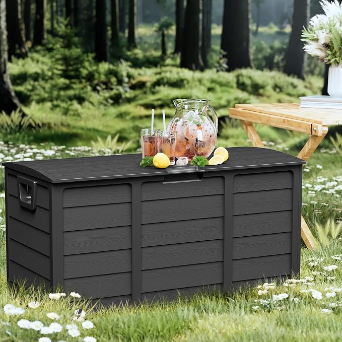 75 Gallon Outdoor Deck Box – Heavy Duty Waterproof Storage with Lockable Lid, UV & Weather Resistant Resin for Patio Furniture, Cushions(Black)