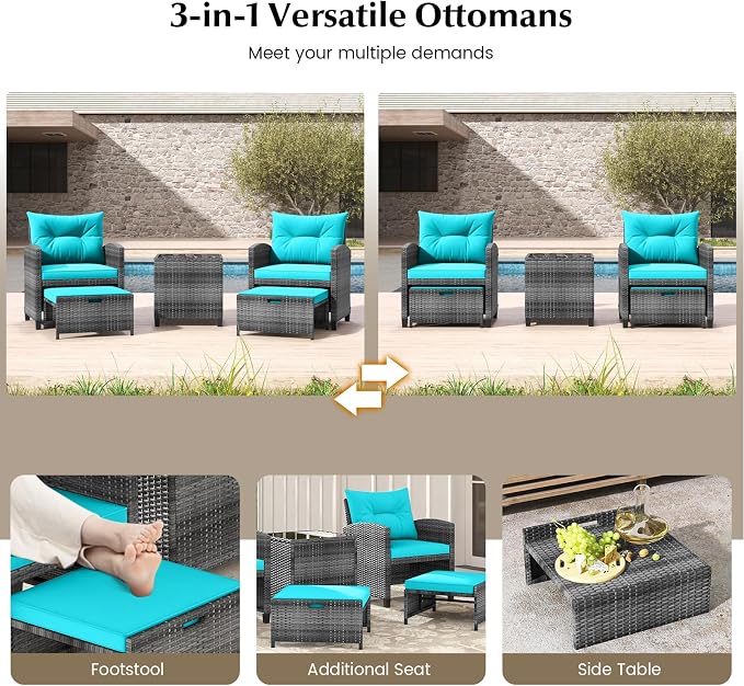 KOTEK 5 Pieces Patio Furniture Set with Ottomans, Wicker Patio Conversation Set with Coffee Table & Cushions, PE Rattan Outdoor Lounge Chairs for Backyard, Porch, Poolside (Mix Grey- Turquoise)