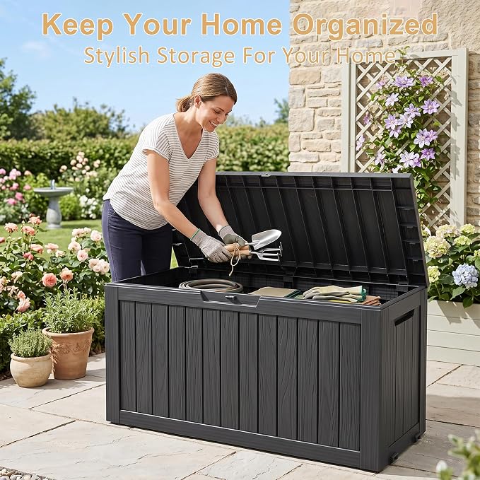 Outdoor Storage Box, 90 Gallon Resin Deck Box, Indoor Outdoor Waterproof Storage Bins With Wheels for Patio Cushions, Gardening Tools, Lockable, Black