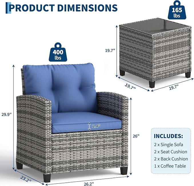 IDEALHOUSE 3-Piece Outdoor Patio Furniture Set, PE Rattan Wicker Conversation Chairs with Tempered Glass Side Table and Removable Cushions, Balcony, Porch & Garden Seating Set, Grey+Navy Cushion