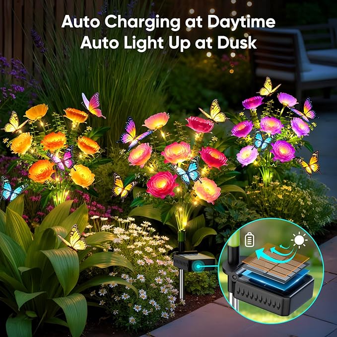 Solar Flowers Lights Outdoor Waterproof: 6 Pack LED Solar Lights Decorative for Outside Garden Decor with Butterfly Auto-On/Off for Yard Landscape Lighting, Gifts for Mom Gardening Enthusiasts
