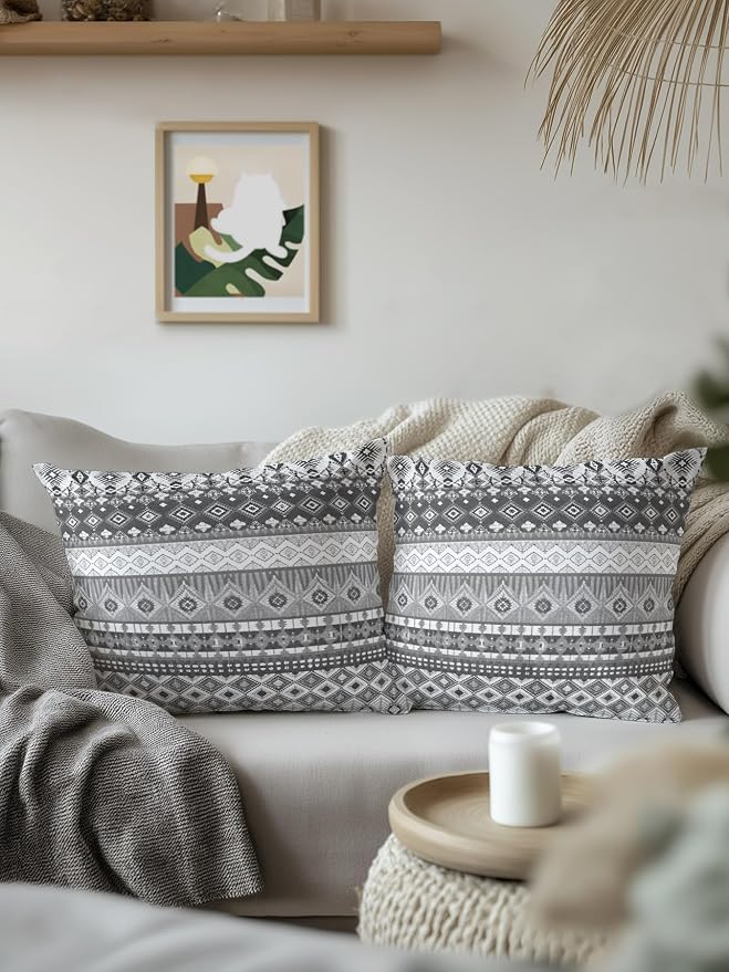 Waterproof Outdoor Pillow Set of 2 Black Bohemian Decorative Throw Pillows Cover & Insert 18x18 Inch Pillowcase Boho Style Floral Leaves Geometric Pillows for Couch Sofa Bed Patio Furniture