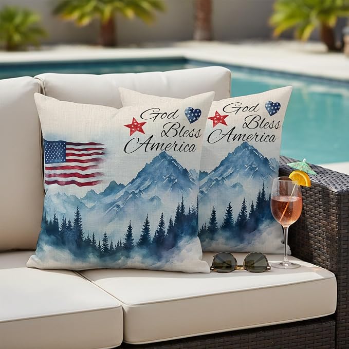 4th of July Outdoor Pillow Covers 24x24 Inch Throw Pillow Covers Set of 2 Waterproof Decorative Pillow Cases Independence Day American Flag Forest Cushion Covers for Patio Furniture Garden Couch Sofa