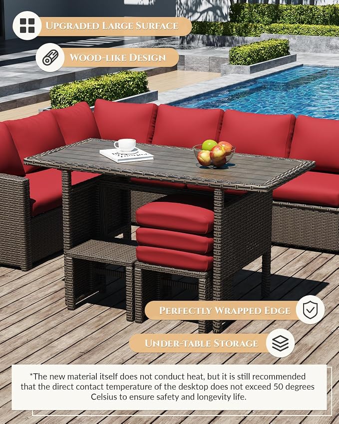U-MAX 7 Pieces Patio Furniture Set, Outdoor Sectional Sofa Conversation Set, All Weather Wicker Rattan Dining Table & Chair with Ottoman, Brown Rattan&Red Cushion