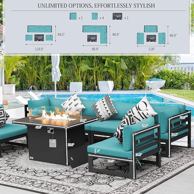 BULEXYARD 6 Person Large Modern Aluminum Outdoor Patio Furniture Set with Fireplace, 29" Wide Deep Seating, L Shaped Combo Sectional Couch, Water Resistant Conversation Set for Backyard Terrace, Teal