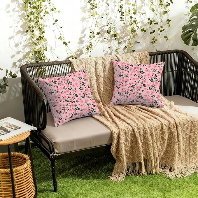 16x16 Inch Outdoor Pillow Covers Set of 2 Waterproof Throw Pillow Covers Decorative Couch Cushion Covers Pink Floral Pattern Square Pillowcases Protectors for Patio Garden Sofa